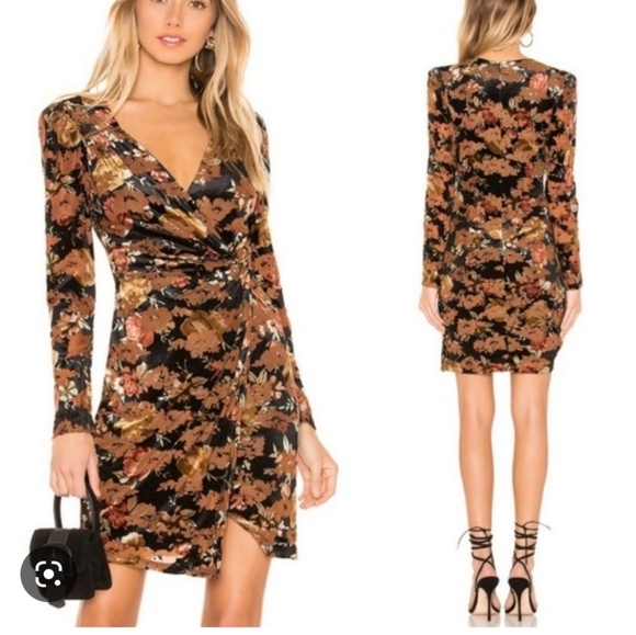 Revolve ASTR The Label Lanita Black Rust Brown Velvet Faux Wrap Dress Sm… - Picture 1 of 7